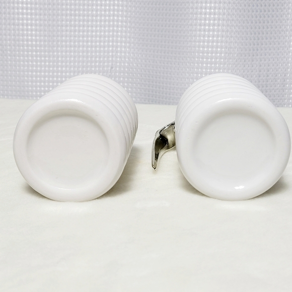 Vintage White Glazed Ribbed Ceramic Sugar & Syrup Dispenser Set - Picture 3 of 5